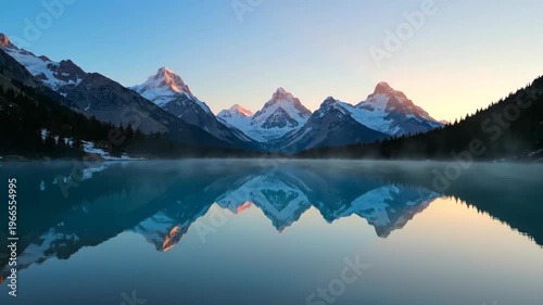Scenic mountain range reflection in calm lake at sunrise with snow-capped peaks and clear sky