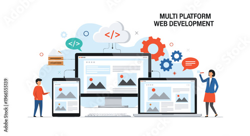 Multi-platform web development and responsive UI design showing a website layout across desktop monitor, laptop, and mobile tablet devices.