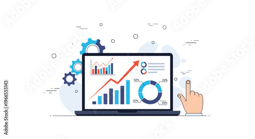 Business performance metrics and data analysis dashboard on a laptop screen showing growth trends with various colorful chart types.