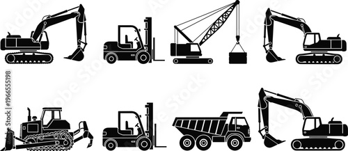 construction machinery silhouette set, excavator bulldozer crane forklift dump truck, heavy equipment vector, industrial vehicles illustration, engineering transport icons design