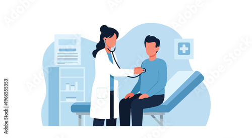 Doctor Examining Patient with Stethoscope in Clinic Medical Checkup Health Center Vector Illustration