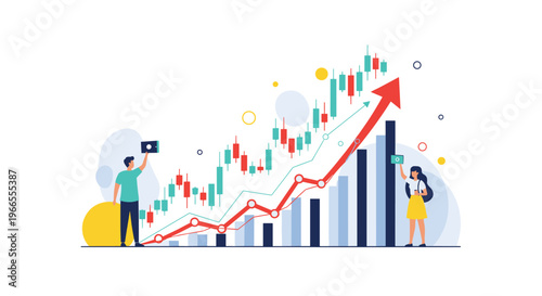 Stock market trading and financial growth analysis with a bullish trend chart showing rising arrow and investors tracking real-time data.