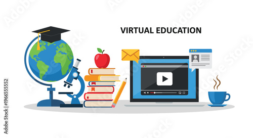 Virtual education and online learning resources concept with laptop, globe, graduation cap, microscope, apple, and stacks of books.