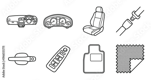 Vehicle interior outline icons set showing car dashboard seat belt and control panel line art design
