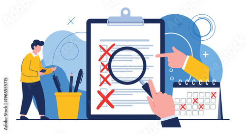 Business audit and error detection concept showing human hands marking a giant checklist with red crosses through a large magnifying glass.