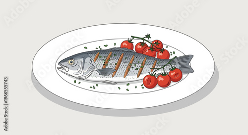 Grilled Fish with Tomatoes on Plate.