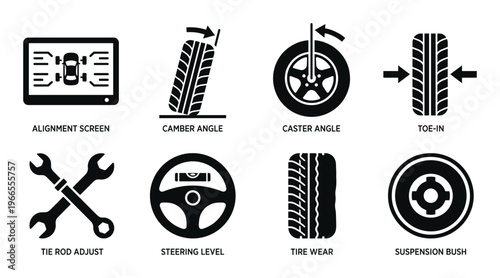 Wheel alignment icons set including camber caster and toe in settings for car suspension maintenance
