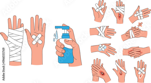 Hand First Aid and Wound Care Set Featuring Various Bandaging Techniques Adhesive Plasters Sanitizer Pump and Injury Treatment Illustrations for Medical and Healthcare Designs