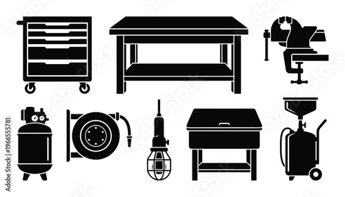 Workshop equipment icons including tool cart, workbench, vise, air compressor, hose reel, lamp, toolbox