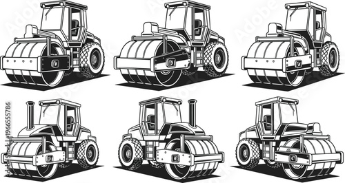 Detailed road roller construction vehicle cad drawing flat vector illustration heavy machinery engineering equipment industrial design line art technical precision