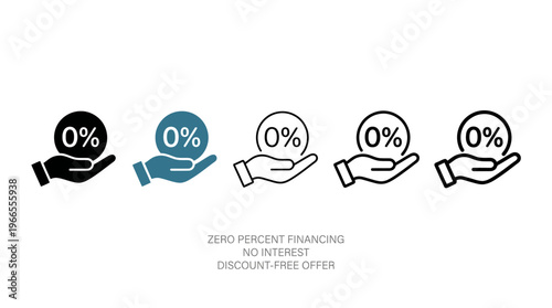 Five stylized icons of hands holding circles marked 0%, varied colors and outlines, promotional concept zero percent financing, discount offer.