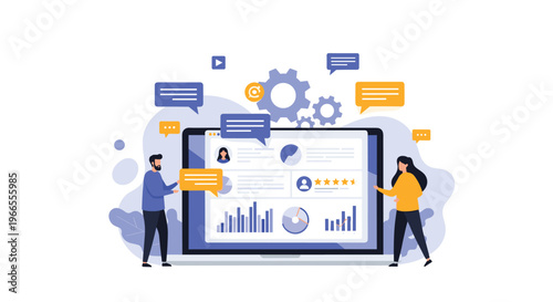 Customer feedback and user data analysis dashboard showing various user profiles, ratings, and statistical charts on a laptop monitor.