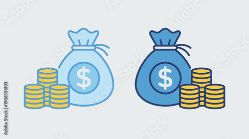 Two stylized dollar money bags with gold coin stacks, light blue and dark blue outlines, golden dollar symbols, financial comparison concept.