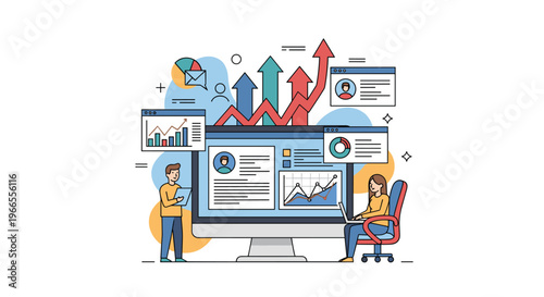 Business intelligence and collaborative data analysis showing a team working on a large computer monitor with rising growth charts.
