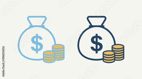Two stylized dollar money bags with gold coin stacks, light blue and dark blue outlines, golden dollar symbols, financial comparison concept.