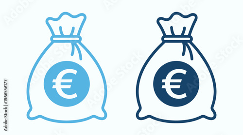 Two stylized euro money bags side by side, light blue and dark blue outlines, golden euro symbols, wealth comparison concept.