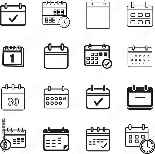 Calendar and Schedule line art and solid icon collection. Includes symbols calendar, date, time, agenda, deadline and more. Calendar icon set. Minimalist icons pack.