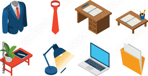 isometric office business items collection, suit tie desk laptop folder workspace tools, corporate equipment, professional workplace illustration concept