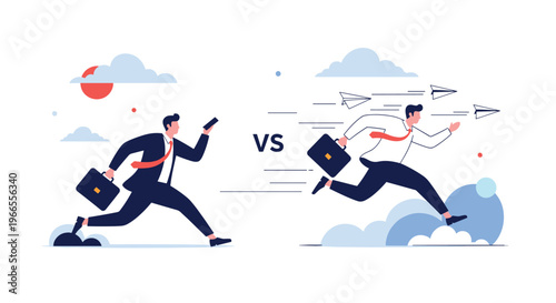 Business competition and corporate race concept showing two entrepreneurs running towards success with a VS symbol in the middle.