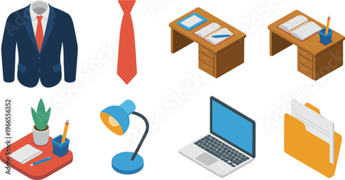 isometric office business items set, suit tie desk laptop folder workspace objects, corporate equipment, professional tools, workplace illustration concept