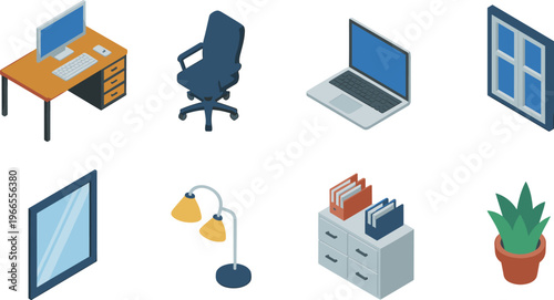Isometric office furniture icons set, modern workspace desk chair laptop window cabinet plant lamp mirror vector minimal illustration design