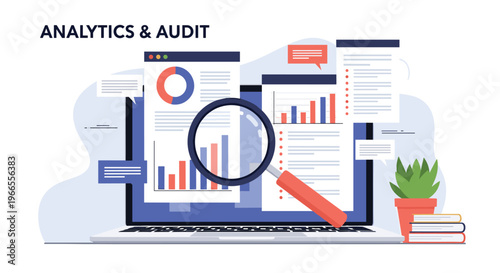 Analytics and audit concept showing a laptop with financial charts and a magnifying glass for detailed data inspection and review.