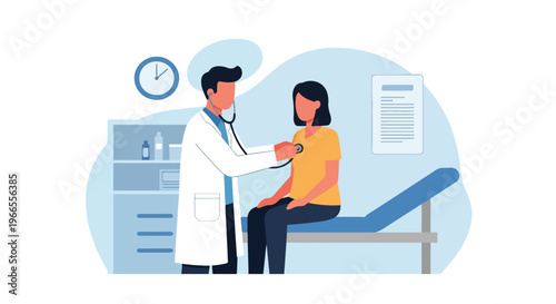Doctor Exam Patient with Stethoscope in Clinic Medical Checkup Vector Illustration