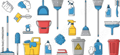 Cleaning Service Icon Set with Mop Broom Bucket and Detergent Spray Bottles for Housekeeping Home Maintenance and Janitorial Supplies Vector Illustrations