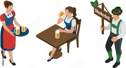 Isometric Oktoberfest illustration, traditional German festival scene, waitress serving beer, woman drinking, Bavarian culture, celebration concept, people characters design set