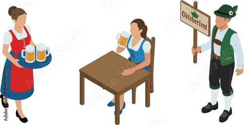 Isometric Oktoberfest scene illustration, traditional German festival, waitress serving beer, woman drinking, Bavarian culture, celebration concept, people characters design