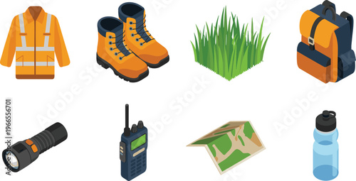 isometric outdoor gear equipment set, safety jacket boots backpack map flashlight radio water bottle, hiking survival tools illustration concept