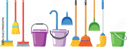 Colorful Housekeeping and Cleaning Service Icon Set with Buckets Brooms Mops and Dustpans for Home Maintenance Janitorial Supplies and Professional Hygiene Vector Designs