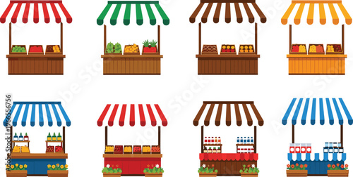Collection of Colorful Market Stall Vector Icons Featuring Food Kiosks with Striped Awnings Fresh Produce Fruits and Grocery Products for Commercial Retail Design