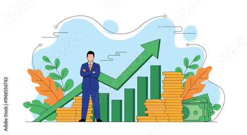 Confident businessman standing in front of an upward green arrow and stacks of gold coins representing wealth, success, and prosperity.