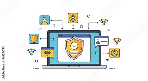 Cyber security and network protection concept displayed on a laptop screen with a shield icon and multiple user profile silhouettes.