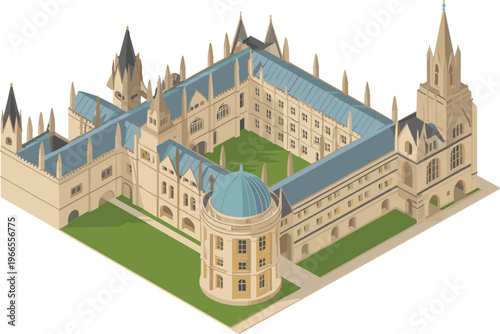 Isometric Oxford university college architecture with courtyard dome and historic buildings, detailed academic landmark illustration for education and heritage design