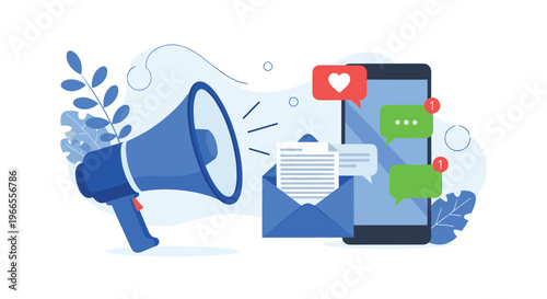 Social media marketing and communication concept with a megaphone, open email envelope, and a smartphone featuring various chat apps.