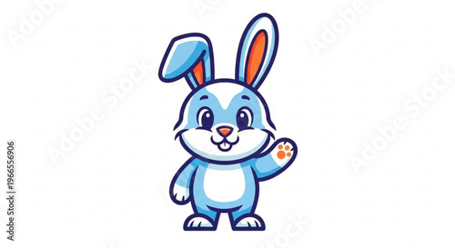 Cute blue cartoon rabbit waving with big ears and white belly on plain background