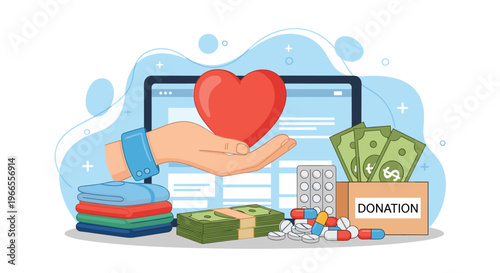 Charity and donation concept featuring a hand holding a heart, stacks of clothes, money, and medicine boxes for community support.