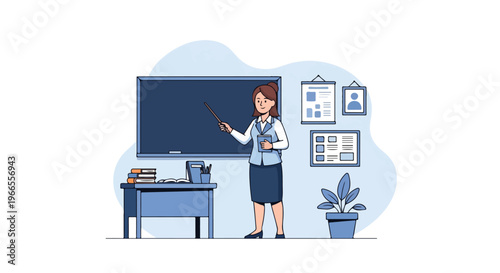 Teacher Education in Classroom Student School Pointing at Blackboard with Wooden Stick Vector Illustration