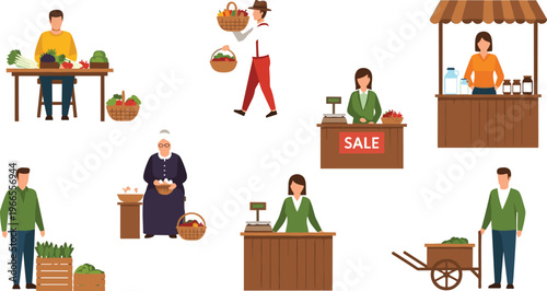 Diverse Farmers Market Characters and Vendors Featuring Milk Stall Seller Produce Merchants with Baskets and Cashiers for Local Business and Grocery Designs