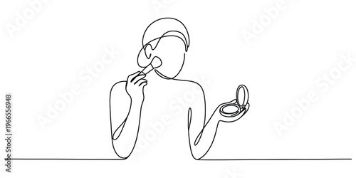Continuous line drawing of a young woman applying makeup with a brush and holding a compact