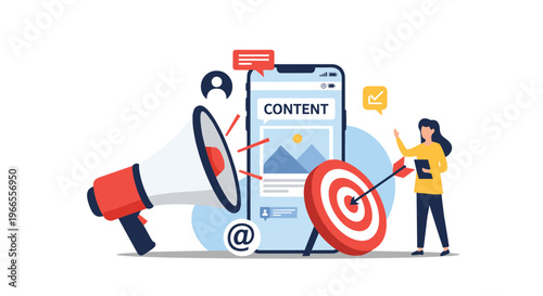 Content marketing and targeted advertising concept with a megaphone, bullseye target board, and a woman holding a professional clipboard.