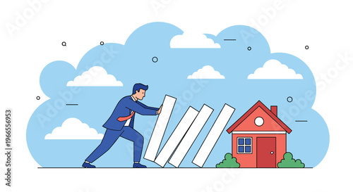 Risk management and home insurance concept showing a businessman pushing falling domino blocks to protect a small residential house.