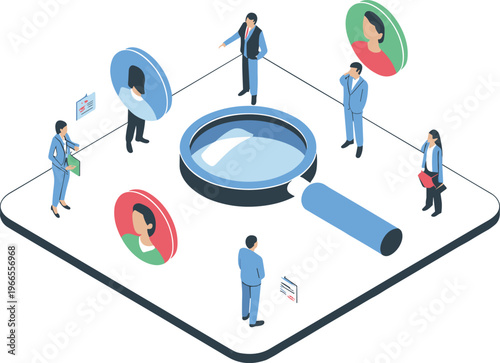 Isometric recruitment hiring concept, candidate search HR selection process magnifying glass talent acquisition human resources vector illustration modern design