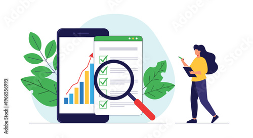 Quality control and data analysis concept featuring a woman inspecting a digital checklist on a smartphone with a business growth chart.