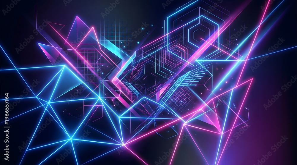 Fototapeta premium Dark modern neon glow geometric background with vibrant pink and blue laser lines.
