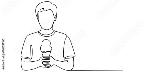 Minimalist one line drawing of a young man holding a double scoop ice cream cone