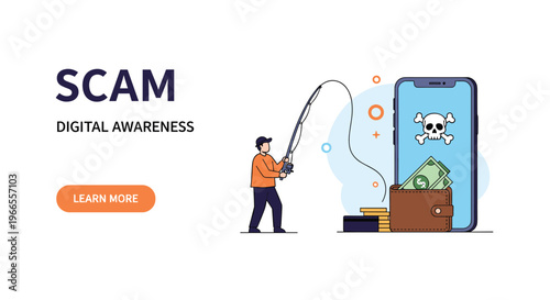 Digital scam and phishing awareness concept showing a person fishing for money and data from a smartphone with a skull and bones icon.