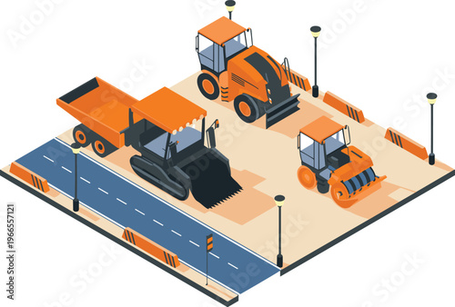 Isometric road construction site with heavy machinery, loader dump truck roller, asphalt work process, urban infrastructure, civil engineering illustration concept